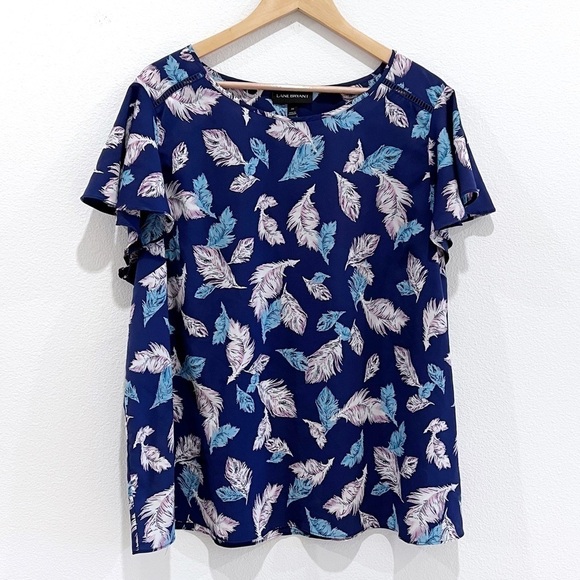 LANE Bryant Pink Blue Feather Print Ruffle Sleeve Blouse Size 22 - Picture 1 of 8